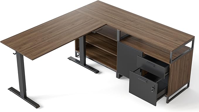 FEZIBO 66 Inch Executive L Shaped Standing Desk with 2-Drawer File Cabinet Electric Height Adjustable Stand up Desk Home Office Modern Wood Computer Desk with Shelves Black Frame/Dark Walnut Top