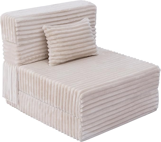 Folding Sofa Bed Single Convertible Futon Chair Bed with Pillow Folding Sofa Sleeper Chair Fold Out Couch Comfortable Foam Floor Couch for Living Room Bedroom Dorm Guest Room Beige