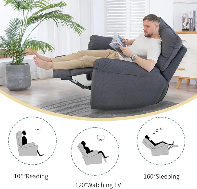 Reclining Sofa Rocking Recliner Chair Manual Adjustable 360 Swivel with Ergonomics Overstuffed Lumbar Arm Support Natural Fabric Surface Made for Living Room Bedroom Nursery Dark Grey
