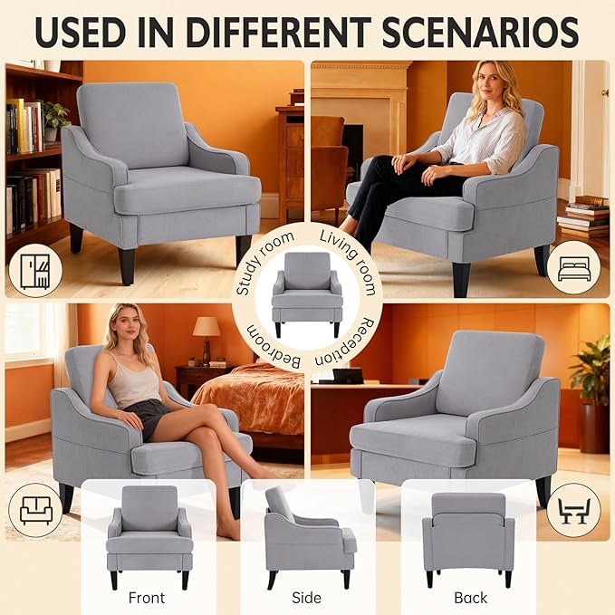 Accent Chair for Living Room Upholstered Living Room Chair with Side Pockets Comfy Accent Chairs for Bedroom Mid Century Modern Armchair for Office Apartment Waiting Room Club (Grey)