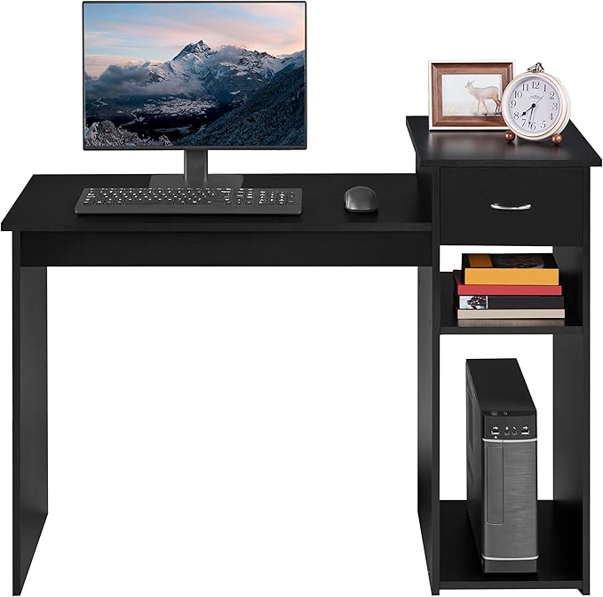 Yaheetech Home Office Computer Desk with Storage Drawer and Monitor Stand Wooden PC Laptop Table Modern Simple Style Computer Workstation for Study Writing Black