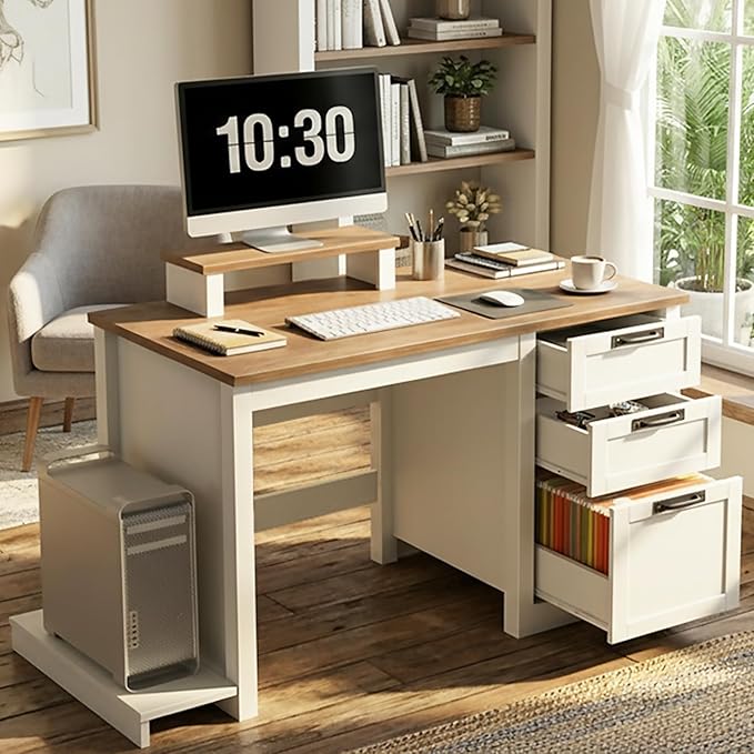 47.2”Farmhouse Computer Desk with Adjustable File Drawer 3 Drawers Reversible Executive Desk with Movable Monitor Stand &amp PC Case Stand Workstation for Home Office Study Writing Unique White