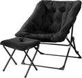 Walsham Folding Comfy Chair with Ottoman Faux Fur Soft Cozy Lounge Reading Papasan Chair with Footrest for Adults Kids Bedroom Living Room Dorms Small Space Black