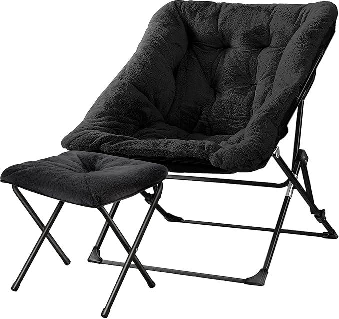 Walsham Folding Comfy Chair with Ottoman Faux Fur Soft Cozy Lounge Reading Papasan Chair with Footrest for Adults Kids Bedroom Living Room Dorms Small Space Black