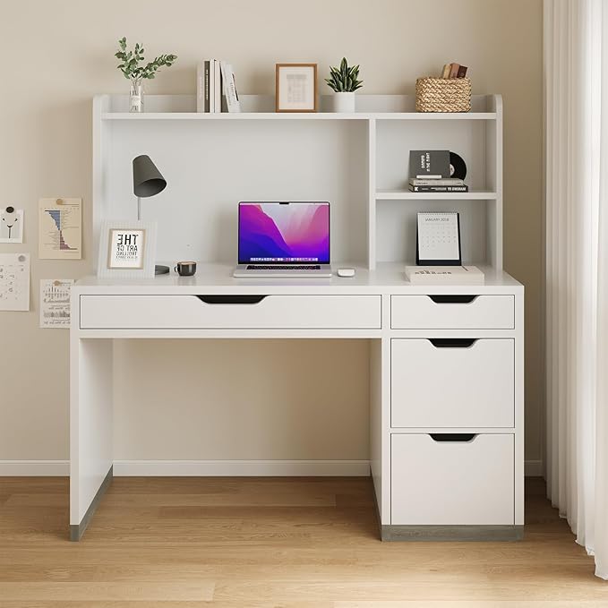 White Desk with Hutch 53 Inch Computer Desk with Storage File Drawer White Study Desk with 4 Drawers for Bedroom Small Space