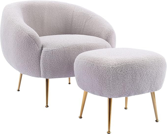 Modern Comfy Leisure Accent Chair Teddy Short Plush Particle Velvet Armchair with Ottoman for Living Room