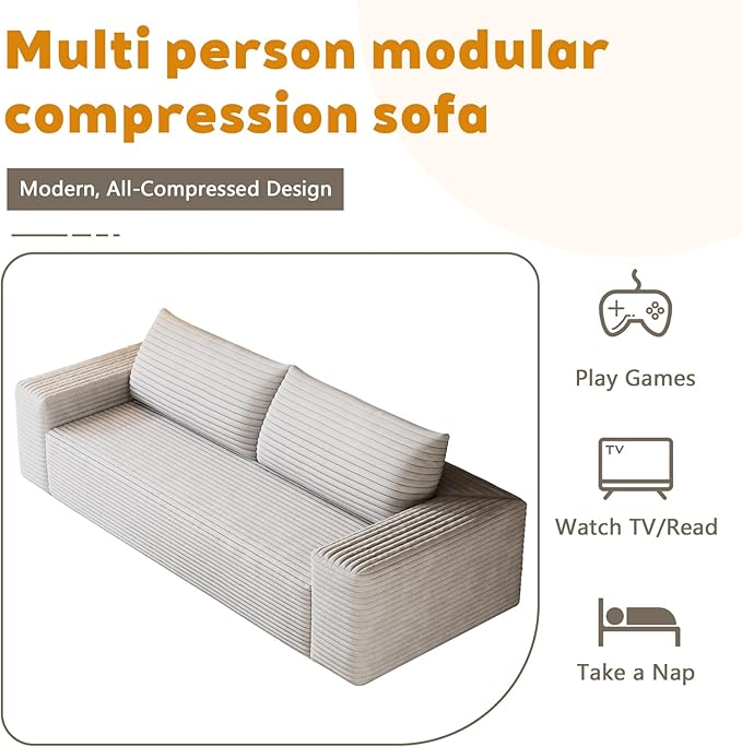 71 Sofa in a Box Compressed Boneless Couch with Wide Armrests &amp 2 Cushions Cloud loveseat Sofa for Living Room Memory Foam Deep Seat Corduroy Fabric No Assembly (White 3)