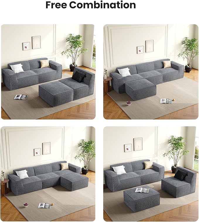 Amada 80 L Shaped Sofa Modular Corduroy Clopud Couches with Deep Seats &ampHigh-Back Upholstered Couches for Living Room Bedroom with Ottoman No Assembly Required(2-Seater&amp1 OttomanGrey)