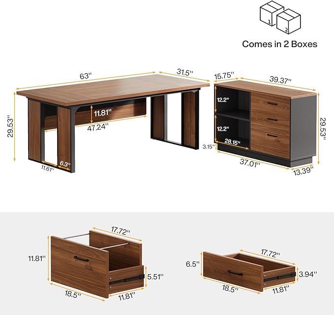 Tribesigns 63‘’ L-Shaped Executive Desk Office Table with 39.37-Inch Drawers Cabinet Large Computer Desk with Storage Shelves Business Furniture Set for Home Office Brown &amp Black
