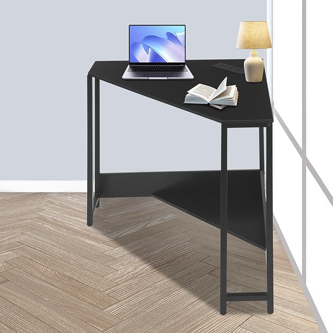 Small Corner Desk with Outlet Corner Table for Small Space Industrial Computer Desk w/USB Ports Triangle Desk for Home Office Workstation Living Room Bedroom (Black)