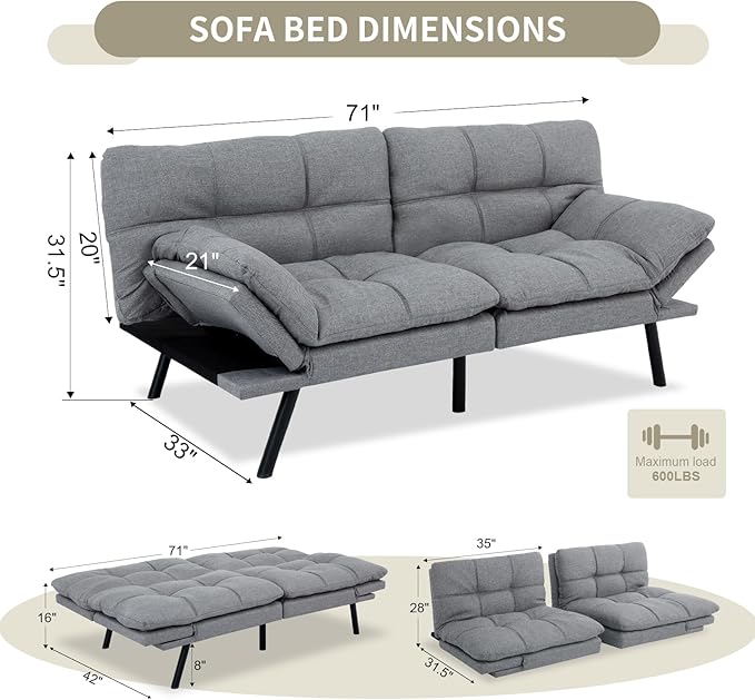 MUUEGM 71 Futon Couch Filled with Memory Foam Convertible Futon Sofa Bed with Adjustable Backrest Armrest Folding Futon for Living Room Small Space Loveseat for Sleeper(Fabric Light Gray)