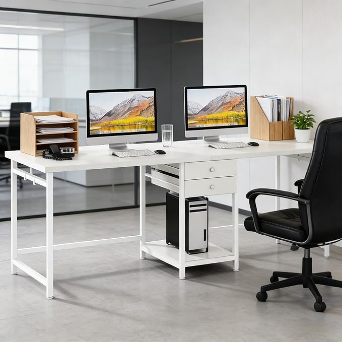78 Inch White Two Person Office Desk with Drawers Extra Long Double Computer Desk with Storage Modern Writing Study Table Workstation for Home Office