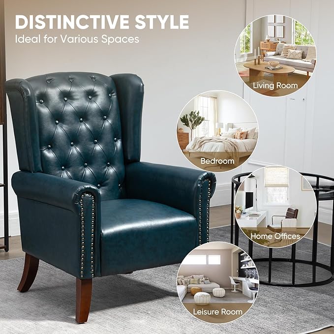 MOJAY Modern PU Leather Accent Chair Living Room Lounge Sofa Chair with Buttons Single Club Armchair with Rivet Trim for Bedroom Home Reception (DarkBlue)