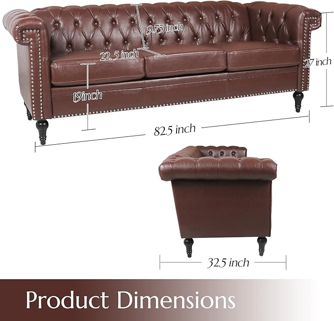 Brown Couches Sofas Chesterfield Sofas for Living Room Deep Seat Comfy 3-Seater Faux Leather Couch Classic Tufted Upholstered Couches for Bedroom Office Easy to Assemble