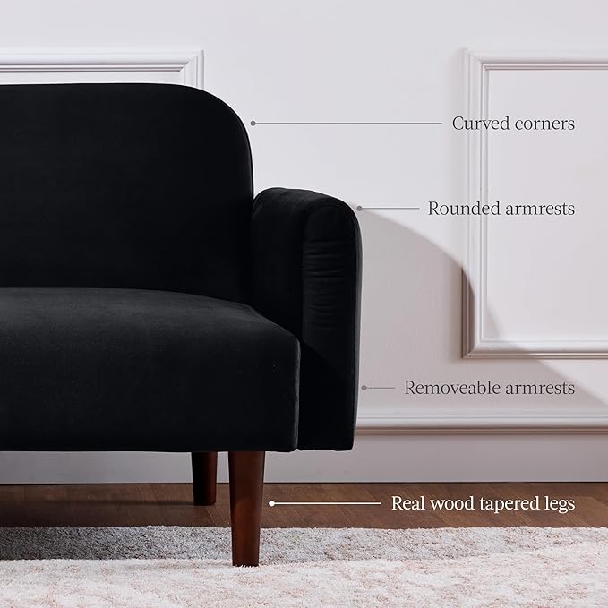 Best Choice Products 77 Mid Century Modern Velvet Loveseat Sofa Couch Convertible Sofa Sleeper Bed w/Real Wood Removable Armrest - Onyx Black