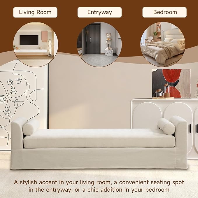 Chifee &amp Vingol 88.6 W Oversized Chaise Lounge Upholstered Bedroom Benches Extra-Long Indoor Bench Entryway Bench with Removable Pillows for Living Room HallwayBeige