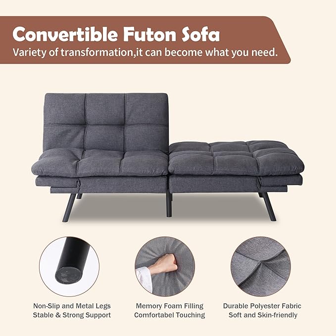 Hcore Futon Sofa Bed Memory Foam Sofa Bed 71 L x 31 W x 16 H Dark Grey