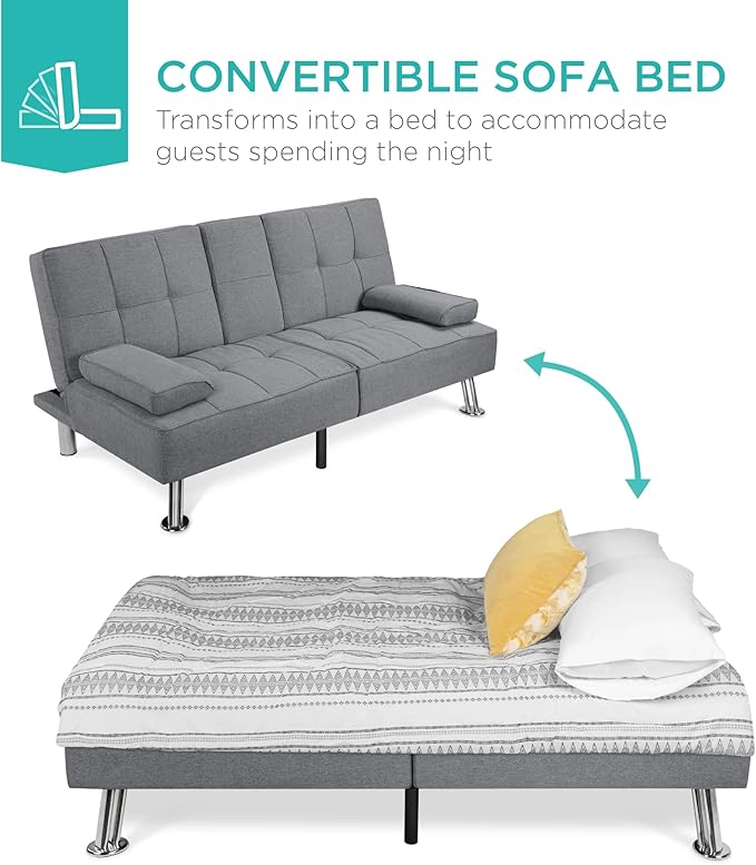 Best Choice Products Linen Modern Folding Futon Reclining Sofa Bed for Apartment Dorm w/Removable Armrests 2 Cupholders - Gray