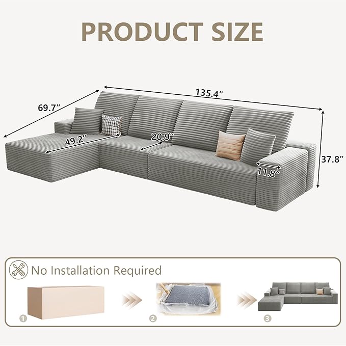 135 Modular Sectional Sofa Modern Corduroy L Shaped Cloud Couch with Chaise Lounge Boneless Upholstered Couches with Deep Seat for Living Room No Assembly Required (Grey Left Facing Chaise)