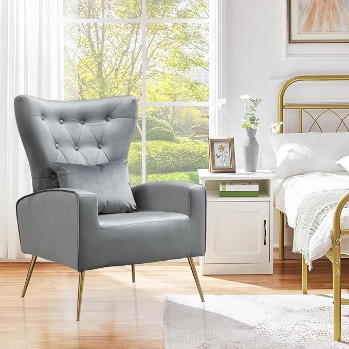 Velvet Accent Arm Chairs Set of 2 Mid-Century Armchairs with Wingback &amp Lumbar Pillow for Living Room Bedroom Guest Reception Chair for Office Button-Tufted Gold Finish Grey