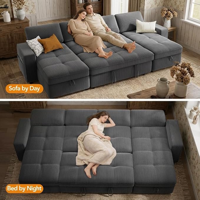 WEUP 105 Sectional Sofa with Pull Out Bed U Shaped 4 Seat Sleeper Sofa with 2 Storage Adjustable Backrest USB Ports Tool-Free Assembly Plush Corduroy Sectional Couches for Living Room Dark Grey