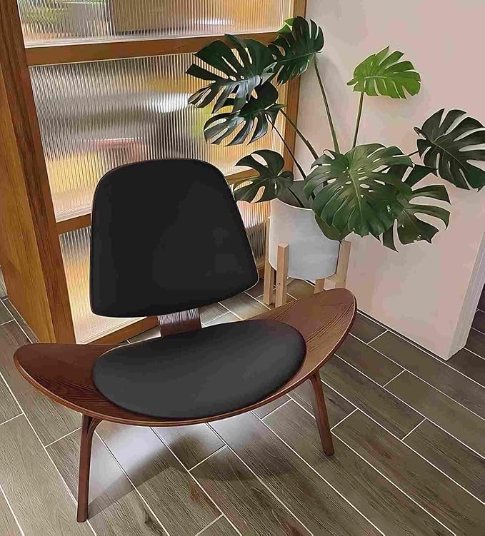 homary Leather Walnut Tripod Accent Chair High Back Lounge Chair with Soft Faux Leather Seat Sturdy Wood Frame for Living Room Bedroom (Black)