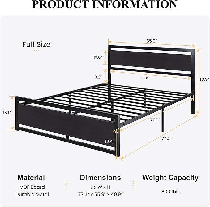 SHA CERLIN Full Size Bed Frame with Modern Headboard Heavy Duty Platform Metal Base with Square Footboard and 13 Strong Slats Support No Box Spring Needed Black