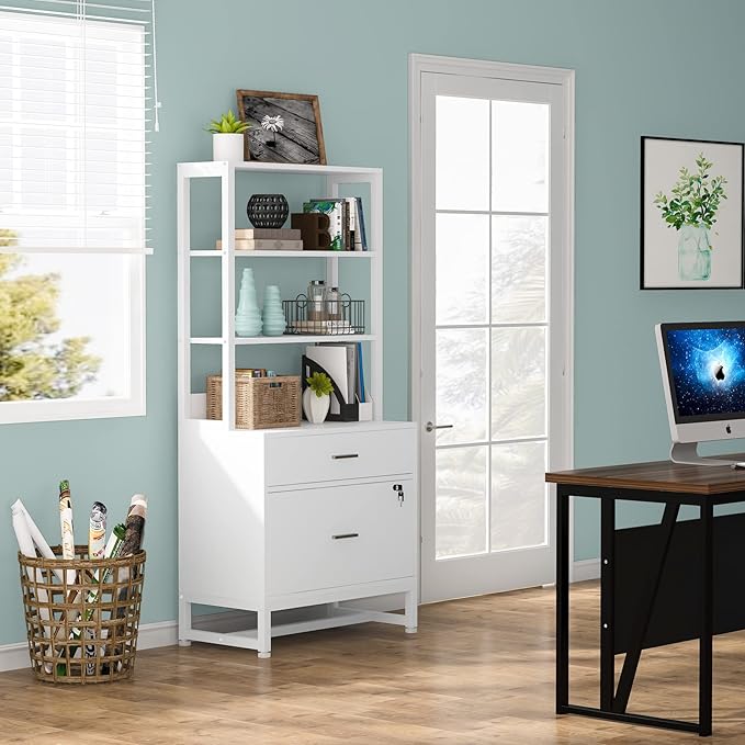 Tribesigns 2 Drawer Vertical File Cabinet with Lock &amp Bookshelf Letter Size Large Modern Filing Cabinet Printer Stand with Open Storage Shelves for Home Office White