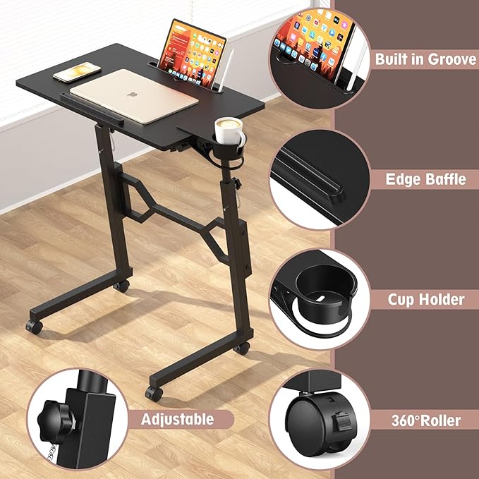 Small Standing Desk with Wheels Portable Treadmill Desk Rolling Desk Adjustable Height for Laptop Mobile Standing Table for Walking Pad Bedside Table
