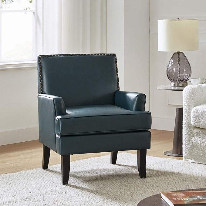 HULALA HOME Modern Faux Leather Accent Chair Comfy Upholstered Sofa Chair with Nailhead Trim Living Room Bedroom Armchair with Wood Legs Turquoise