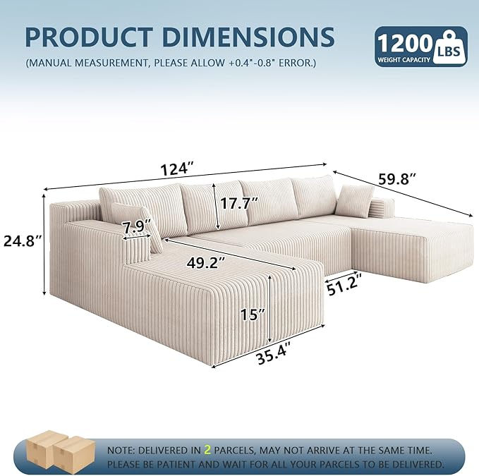 124 Corduroy U-Shaped Sectional Sofa Modern Modular Boneless 4-Seater Couch with 6 Pillows Upholstered Deep Seat DIY Cloud Sofa for Living Room No Assembly Required (White)