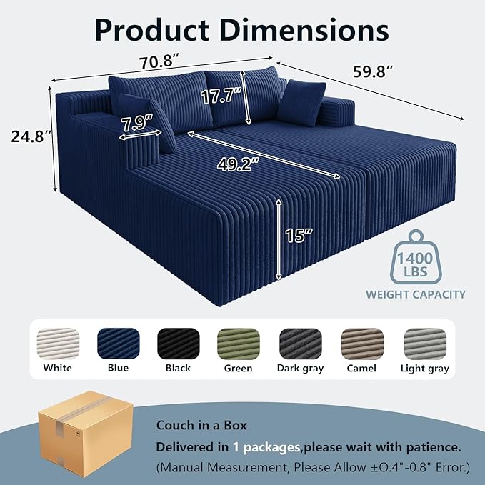 71 Oversized Chaise Lounge ChairSectional Double Lounge Chaise with Pillows Upholstered Corduroy Boneless Lounge Chair Fluffy Modern Loveseat Sleeper Sofa for Living Room or Bedroom(Blue)