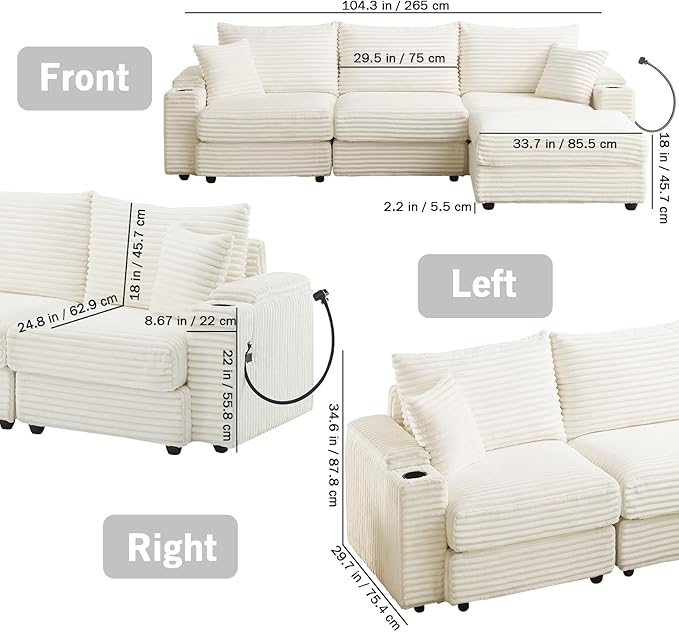 Cloud Sectional Couch L-Shaped Modular Sectional Sofa with Ottoman for Living Room Plush Corduroy Comfy Upholstered Couches with Charging Station Cup Holders &amp Armrest Storage