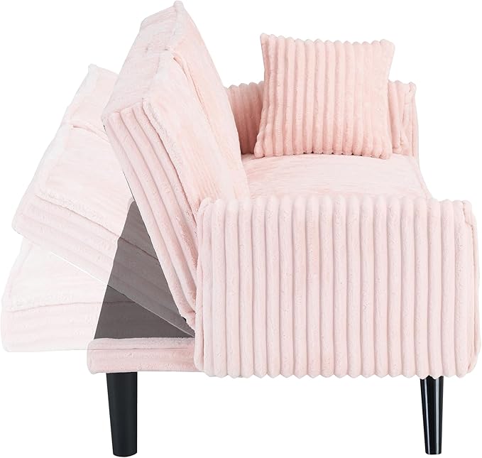 72'' Fabric Loveseat Sofa Comfy Corduroy Couch with 2 Embedded Teacup Holders 2 Seater Sofa with Adjustable Backrest Modern Small Convertible Futon Sofa Bed for Living Room Apartment (Pink)