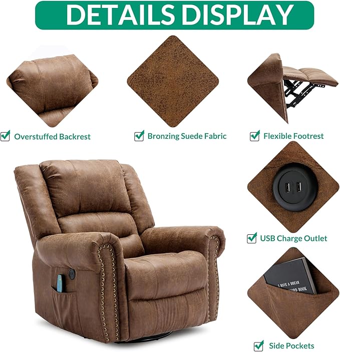 VIVIJASON Massage Swivel Rocker Recliner Chair with Heat &amp Vibration 360° Swivel Manual Glider Rocking Reclining Chair with Remote Control Side Pockets &amp USB Ports for Living Room Nut Brown