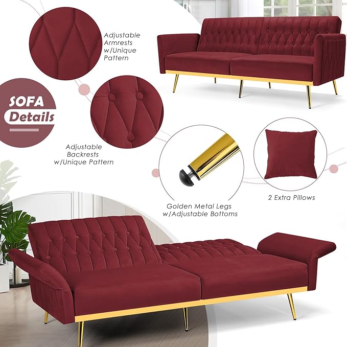 70 Velvet Futon with Adjustable Backrest and Armrests Sofa Bed with Extra Pillows for Waiting Room Living Room and Office Red
