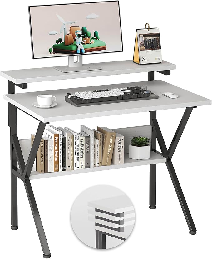 COTUBLR Small Desk Small Computer Desk for Spaces 27.5 Inch Computer Desk with Adjustable Monitor Stand Compact Desk with Storage for Bedroom Home Office White Tabletop+Black Frame