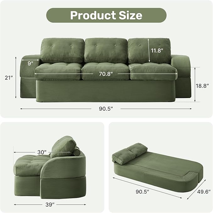 Convertible Sofa Bed3-Seater Boneless Couches for Living Room 2 in 1 Folding CouchFold Out Floor Couch with PillowsCloud Floor LoveseatFloor Futon Sleeper for Living Room Bedroom LoungeGreen