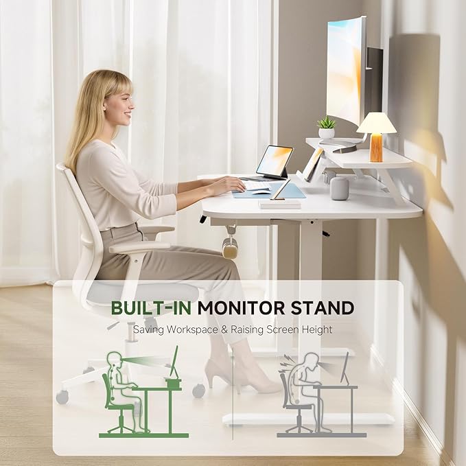 GTPLAYER Electric Standing Desk with Drawers 55 x 24 Inches Height Adjustable Computer Desk with Monitor Stand Laptop Stand Sit Stand up Desk with Memory Preset for Home Office White