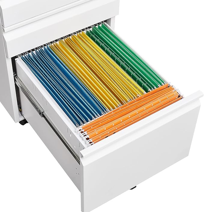 3 Drawer Small File Cabinet with Lock Under Desk Locking Storage Cabinet Organizer Mobile Filing Cabinets for Home OfficeWhite