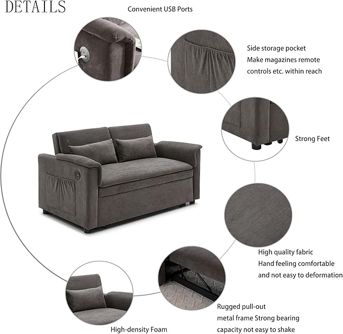 55.5 Small Sleeper Sofa Couch with Pullout Bed 3-in-1 Convertible Sleeper Sofa Bed wih Adjustable Backrest with USB Ports Modern Velvet Twin Pull Out Couch for Living Room (Grey)