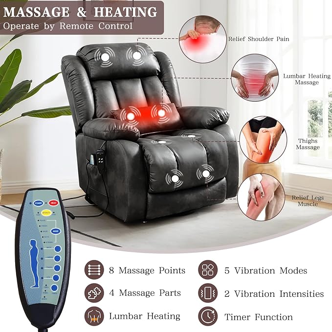 Infinite Position Lay Flat Lift Recliner Chair for Adults Dual Motor Power Lift Chair for Elderly with Massage &amp Heating USB Ports Remote Control &amp Lumbar Pillow Leather (Silver Grey)