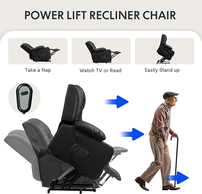 FLEXISPOT XL31 Power Lift Recliner Chair for Elderly Electric Lift Chair with Massage &amp Heat PU Leather Reclining Sofa w/Cup Holders Side Pockets for Living Room Bedroom(Medium SizeBlack)