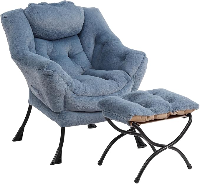 Lazy Chair with Ottoman Modern Accent Chair with Armrests and a Side Pocket Plush Light Blue Accent Chairs Reading Chairs Oversized Armchairs for Bedroom Study Living Room Courtyard
