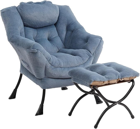 Lazy Chair with Ottoman Modern Accent Chair with Armrests and a Side Pocket Plush Light Blue Accent Chairs Reading Chairs Oversized Armchairs for Bedroom Study Living Room Courtyard
