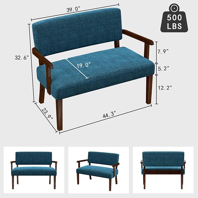 Accent Chair 2 Seat Upholstered Reading Leisure Chair Bench with Solid Wood Frame for Dining ReadingWaiting Rooms (Blue)