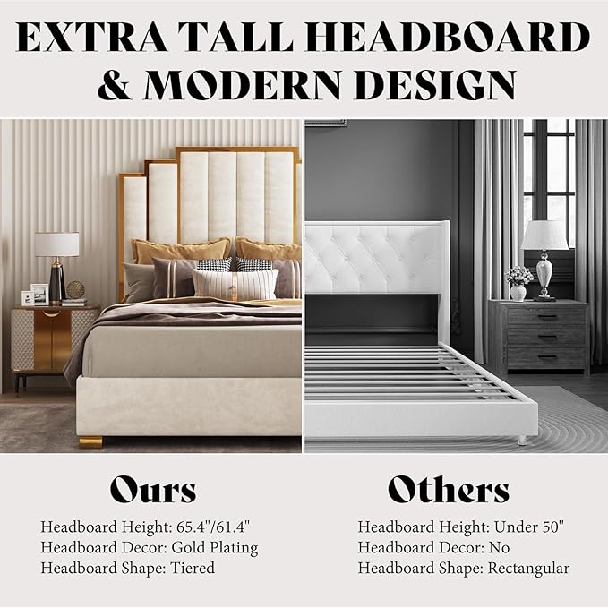 AMERLIFE Queen Size Upholstered Bed Modern Velvet Bed Frame with 61.4” Tall Gold Trim Headboard No Box Spring Needed Cream