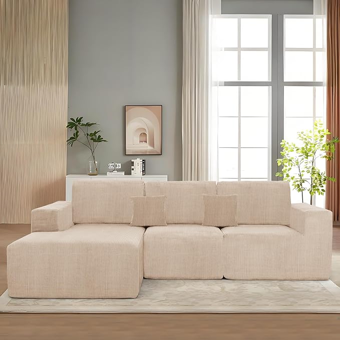 111 Boneless Couches for Living Room 3-Piece Cloud Couch Modular Sectional Deep Seat Compressed Couches for Living Room Bedroom Plush Corduroy Fabric No Assembly Required Khaki