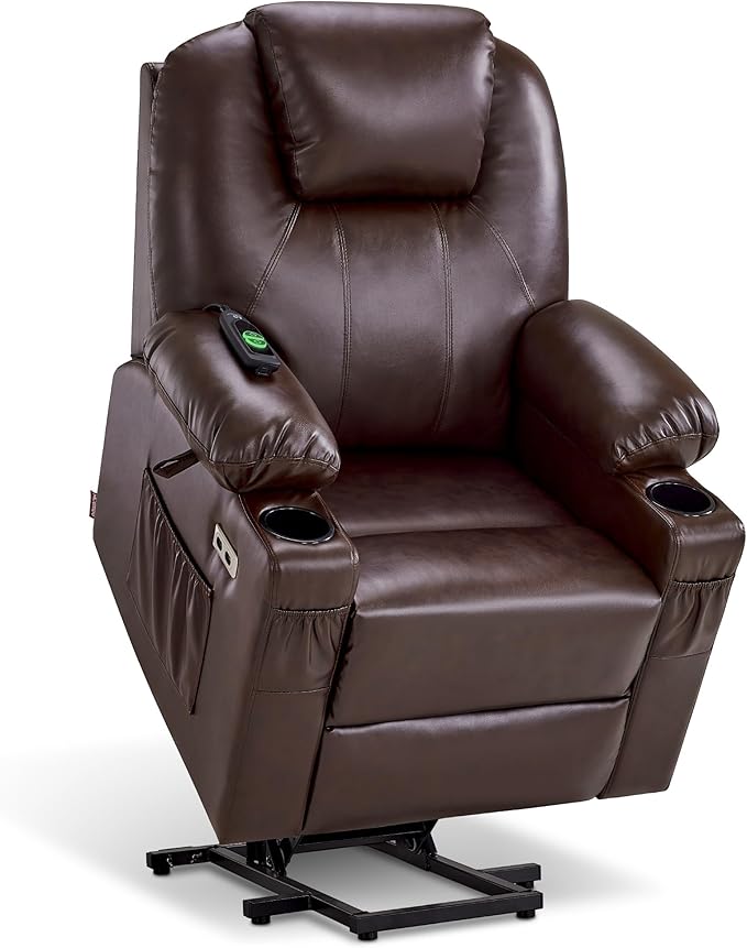 MCombo Power Lift Recliner Chair for Elderly Lift Chair with Heat and Massage FSC Certified USB Ports Cup Holders Faux Leather 7141 (Dark Brown Small)