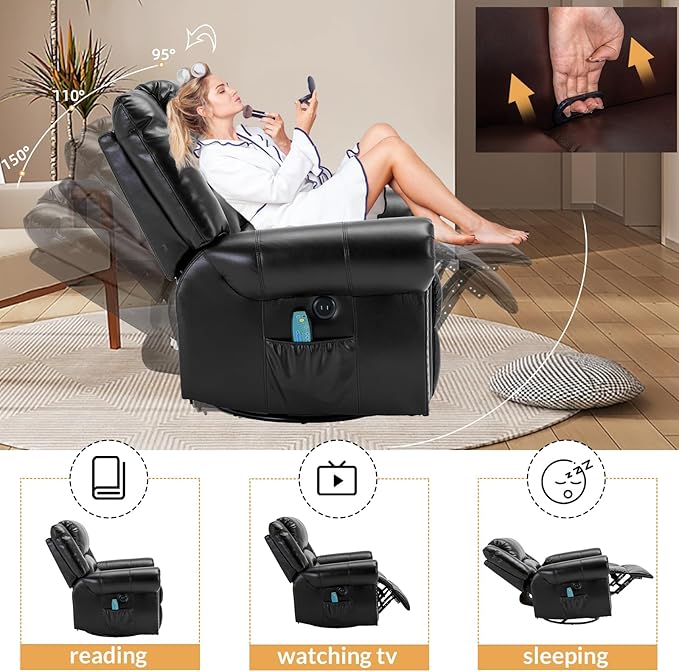Manual Massage Recliner with Heating Function 360° Swivel Glider Rocking Recliner Chair for Living Room Ergonomic Single Sofa Chair with Remote Control/USB Ports/Side Pockets(Black)